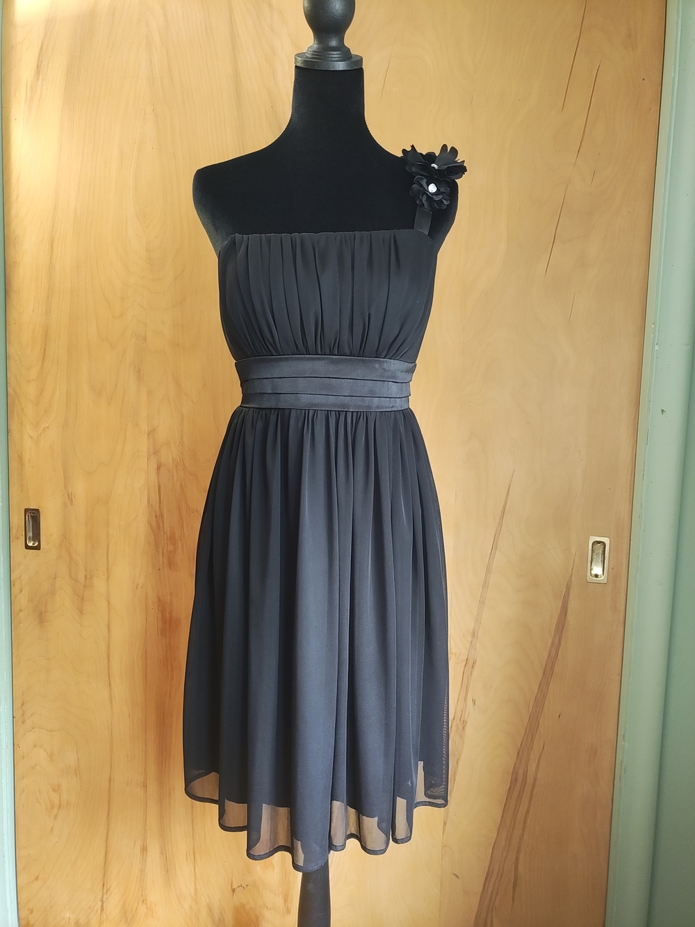 Sequin Hearts Black One-Shoulder Chiffon Dress with Floral Accent